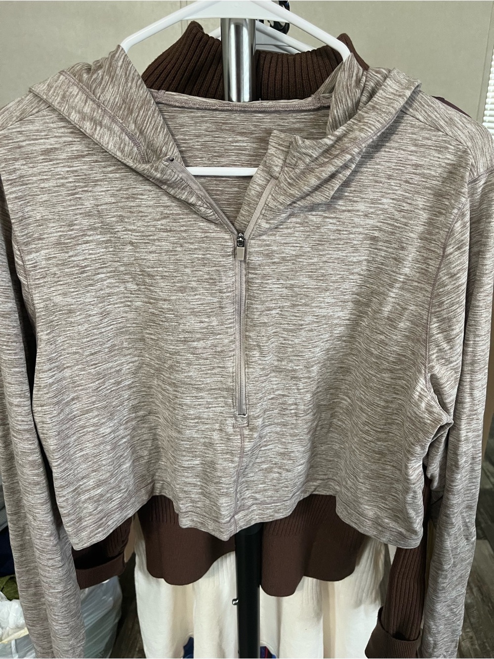 Beyond Yoga Heather Taupe Half-Zip Hoodie
